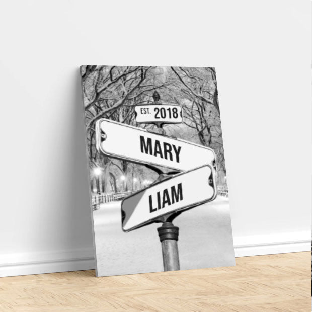 Personalized Canvas "Vintage Street Sign for couples" Central park in